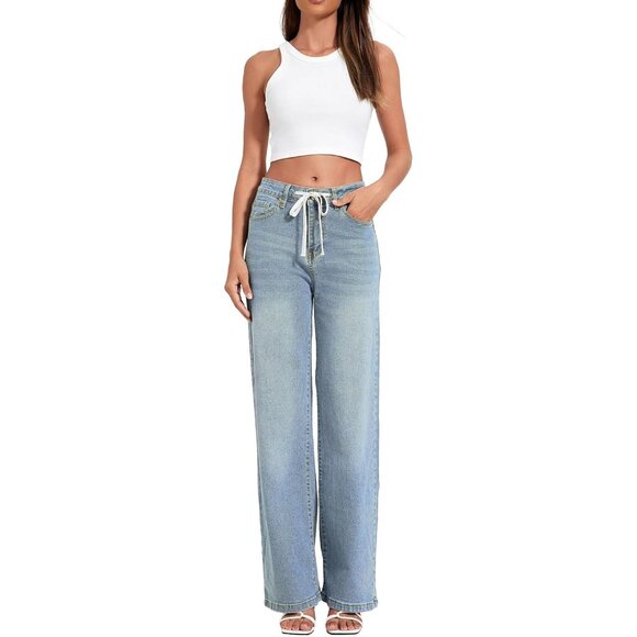 Womens High Waist Wide Leg Denim Jeans Drawstring Casual Cotton Polyester - Picture 7 of 7